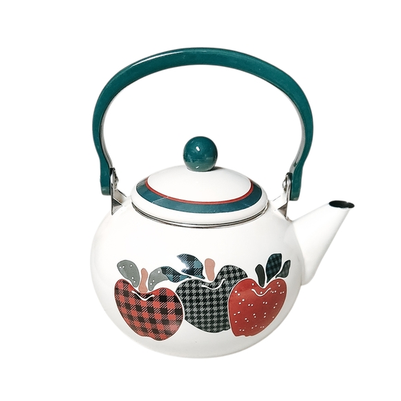 Vintage Apple Design White Teapot with Green Handle Farmhouse Cottagecore - Picture 5 of 7